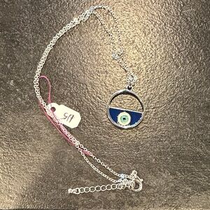 Silver Evil Eye Pendant Necklace with Navy Enamel